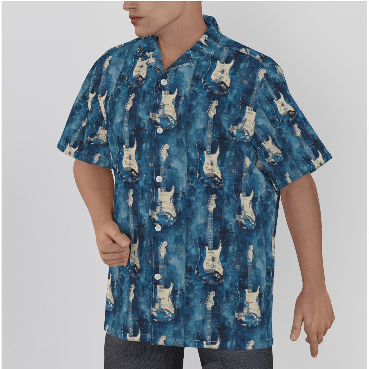 MHS042924MST Men's Hawaiian Shirt With Strt style electric guitars, Button Closure