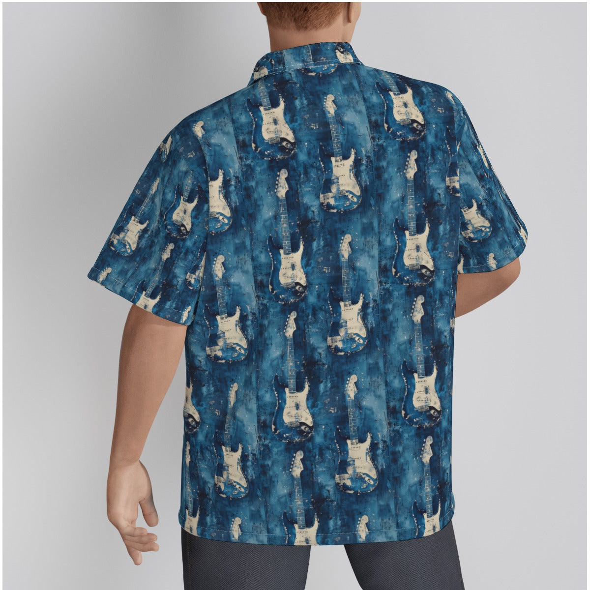 MHS042924MST Men's Hawaiian Shirt With Strt style electric guitars, Button Closure