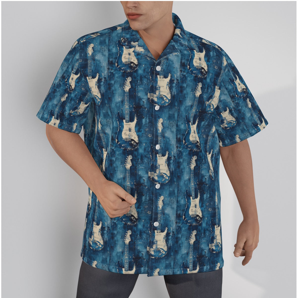 MHS042924MST Men's Hawaiian Shirt With Strt style electric guitars, Button Closure