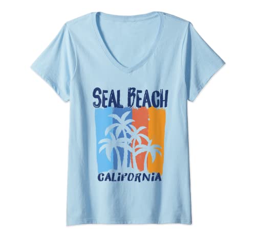 Womens Seal Beach California Fun Colorful Palm Trees Design V-Neck T-Shirt