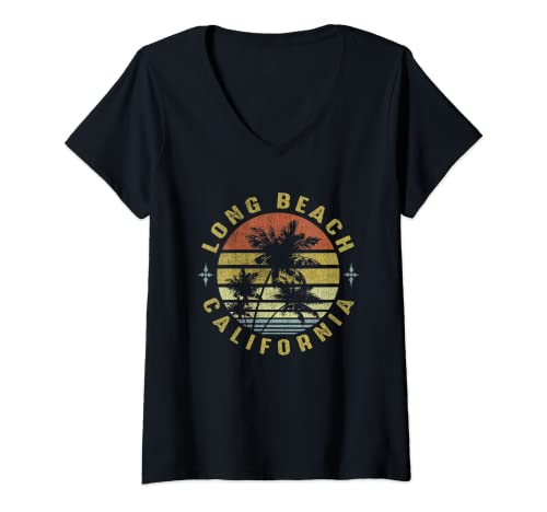 Womens Seal Beach California Retro Palm Sunset - Beach Design V-Neck T-Shirt