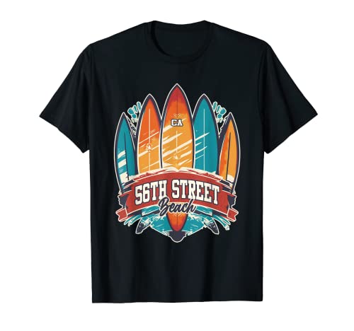 56Th Street Beach CA Rebel Surf Edgy Surfboard Design T-Shirt