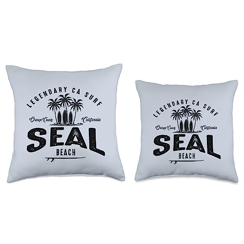 Legendary Surf Locations Three Vintage Surfboards and Palms-Seal Beach Throw Pillow, 16x16, Multicolor