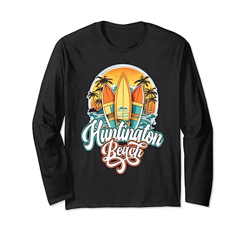 Huntington Retro Vintage Three Surfboard and Palm Circle Long Sleeve T-Shirt