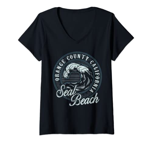 Womens Seal Beach Retro Wave Circle - Beach Gift V-Neck T-Shirt