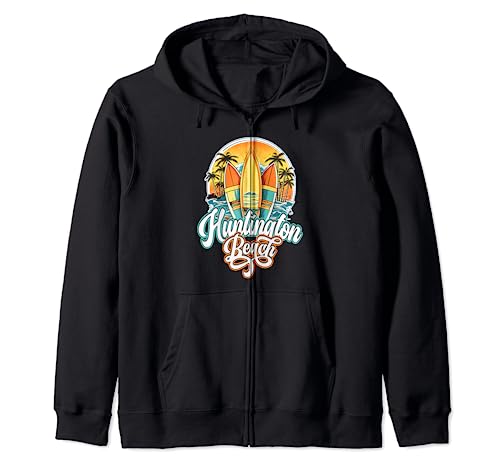 Huntington Retro Vintage Three Surfboard and Palm Circle Zip Hoodie