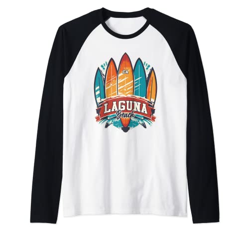 Laguna Beach CA Rebel Surf Edgy Surfboard Design Raglan Baseball Tee