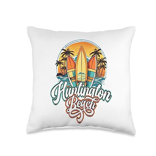 Retro Surf Graphics Huntington Retro Vintage Three Surfboard and Palm Circle Throw Pillow