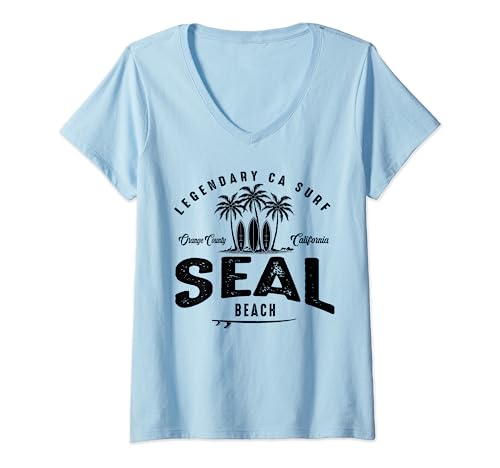 Womens THREE VINTAGE SURFBOARDS AND PALMS - Seal Beach V-Neck T-Shirt