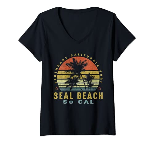 Womens Seal Beach Retro Palm Sunset - Beach Gifts V-Neck T-Shirt