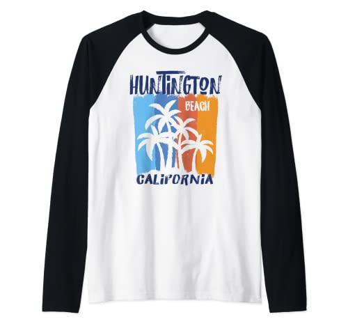 Huntington Beach California Fun Colorful Palm Trees Design Raglan Baseball Tee