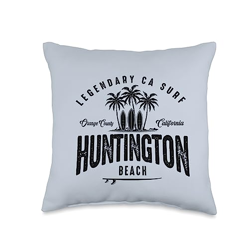 Legendary Surf Locations Three Vintage Surfboards and Palms-Huntington Beach Throw Pillow