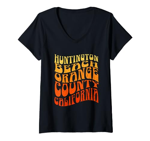 HUNTINGTON BEACH Vintage 60s Retro Waves V-Neck T-Shirt