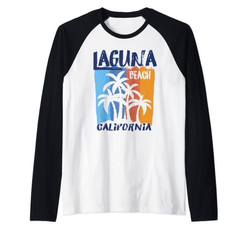 Laguna Beach California Fun Colorful Palm Trees Design Raglan Baseball Tee