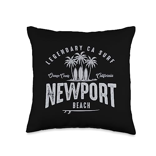 Legendary Surf Locations Three Vintage Surfboards and Palms-Newport Beach Throw Pillow, 16x16, Multicolor