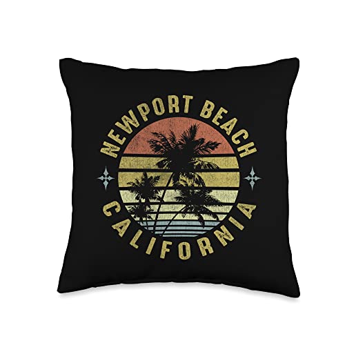 Surf Beach Newport California Retro Palm Sunset-Beach Design Throw Pillow, 16x16, Multicolor