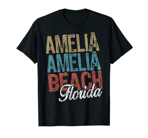 Amelia BEACH Florida HIBISCUS & SCRIPT Three Tone Palm T-Shirt