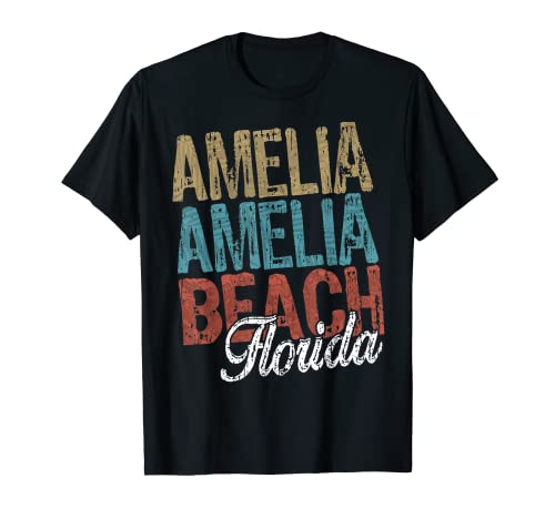 Amelia BEACH Florida HIBISCUS & SCRIPT Three Tone Palm T-Shirt