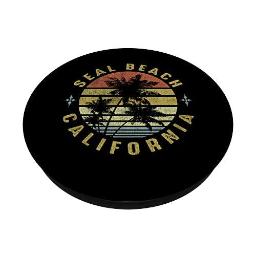 Seal Beach California Retro Palm Sunset - Beach Design PopSockets Swappable PopGrip