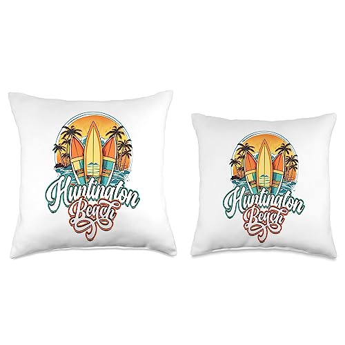 Retro Surf Graphics Huntington Retro Vintage Three Surfboard and Palm Circle Throw Pillow