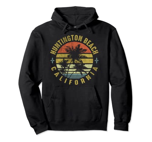 Huntington Beach California Retro Palm Sunset - Beach Design Pullover Hoodie