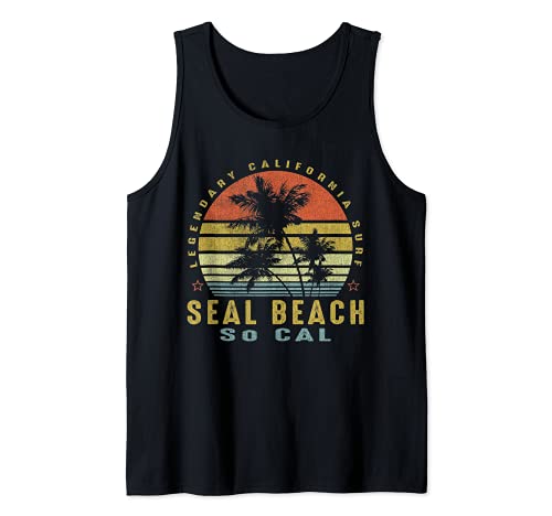 Seal Beach Retro Palm Sunset - Beach Gifts Tank Top