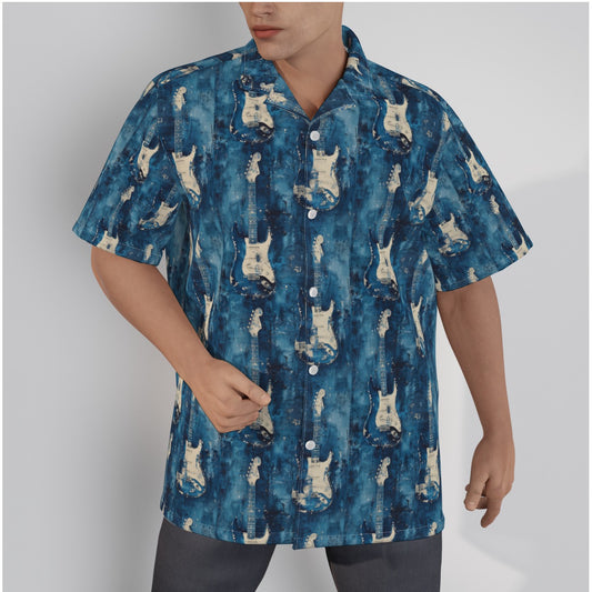 MHS042924MST Men's Hawaiian Shirt With Strt style electric guitars, Button Closure