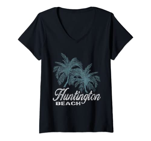 Womens Huntington Beach California - Two Big Palms V-Neck T-Shirt