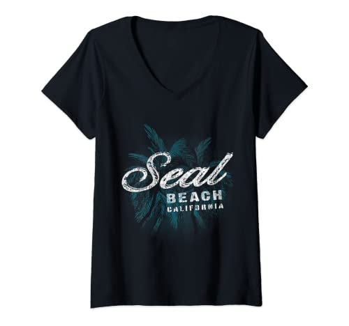 Womens Seal Beach - Palm Cluster Distressed Stamp V-Neck T-Shirt