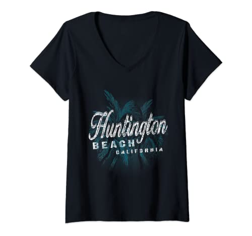 Womens Huntington Beach - Palm Cluster Distressed Stamp V-Neck T-Shirt