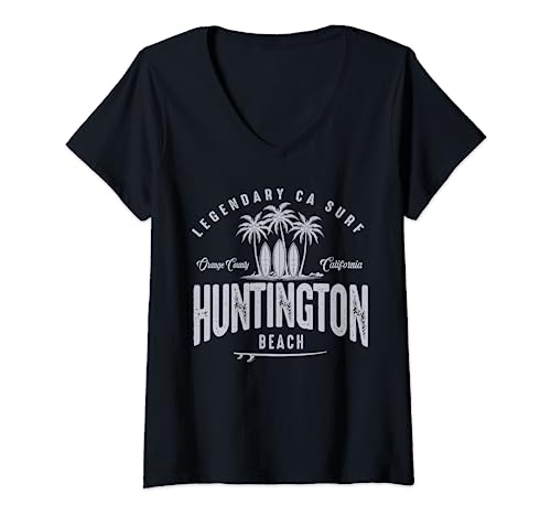 Womens THREE VINTAGE SURFBOARDS AND PALMS - Huntington Beach V-Neck T-Shirt