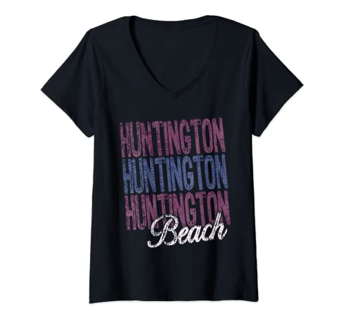 Womens Huntington Beach California Three Times Beach Design V-Neck T-Shirt