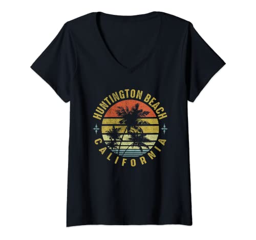 Womens Huntington Beach California Retro Palm Sunset - Beach Design V-Neck T-Shirt