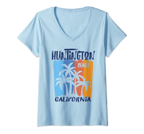 Womens Huntington Beach California Fun Colorful Palm Trees Design V-Neck T-Shirt