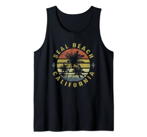 Seal Beach California Retro Palm Sunset - Beach Design Tank Top