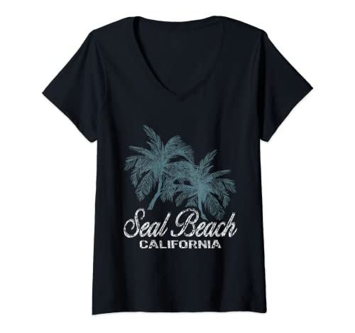 Womens Seal Beach California - Two Big Palms V-Neck T-Shirt