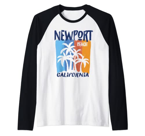 Newport Beach California Fun Colorful Palm Trees Design Raglan Baseball Tee