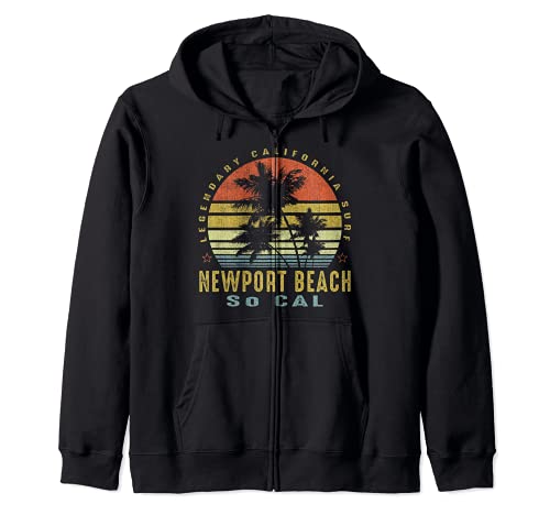 Newport Beach OC Retro Palm Sunset - Beach Gifts Zip Hoodie