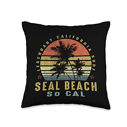 Vintage Beach Vibe Seal Retro Palm Sunset-Beach Gifts Throw Pillow