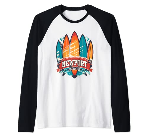 Newport Beach Rebel Surf Edgy Surfboard Design Raglan Baseball Tee