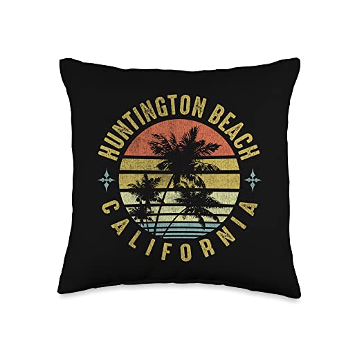 Surf Beach Huntington California Retro Palm Sunset-Beach Design Throw Pillow