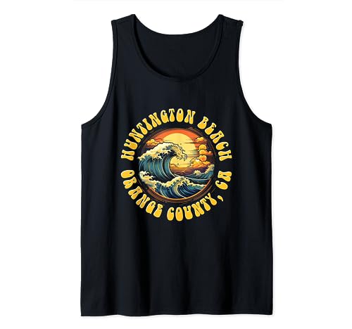 Vintage Huntington Beach Waves Sunset Des - Edgy Retro Tank Top