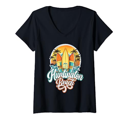 Womens Huntington Retro Vintage Three Surfboard and Palm Circle V-Neck T-Shirt