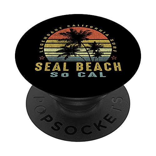 Seal Beach Retro Palm Sunset - Beach Gifts PopSockets Swappable PopGrip