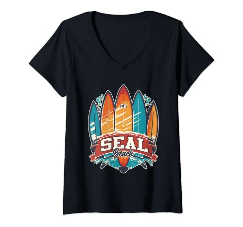 Womens Seal Beach CA Rebel Surf Edgy Surfboard Design V-Neck T-Shirt