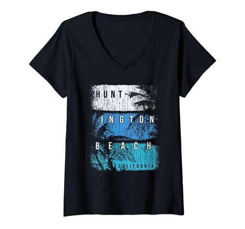 Womens Huntington Beach California Colorful Brush Strokes and Palms V-Neck T-Shirt