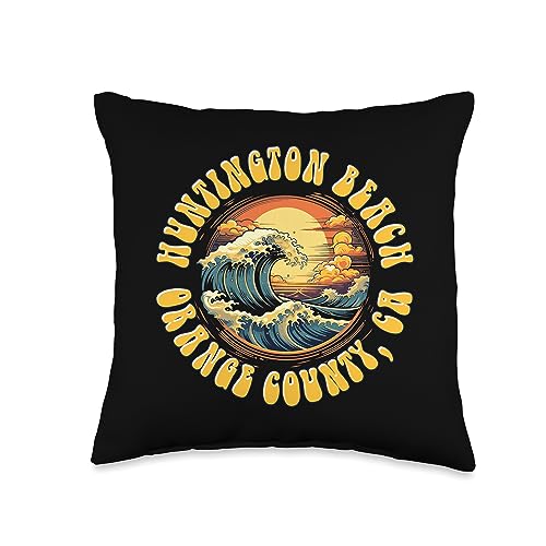 Surf Retro Revive Beach Design Vintage Huntington Beach Waves Sunset Des-Edgy Retro Throw Pillow