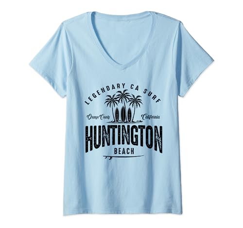 Womens THREE VINTAGE SURFBOARDS AND PALMS - Huntington Beach V-Neck T-Shirt