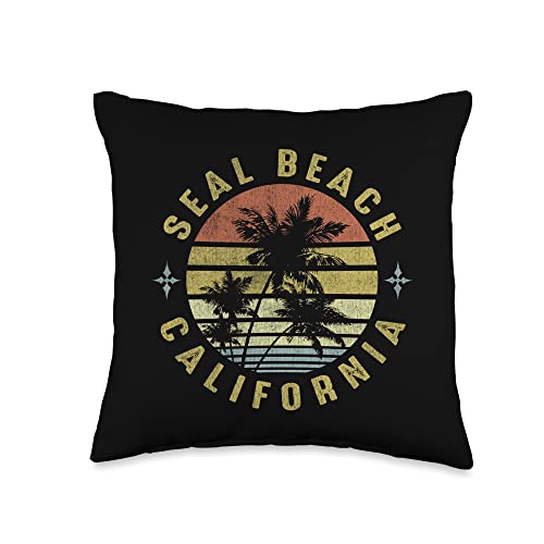 Surf Beach Seal California Retro Palm Sunset-Beach Design Throw Pillow