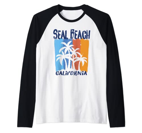 Seal Beach California Fun Colorful Palm Trees Design Raglan Baseball Tee